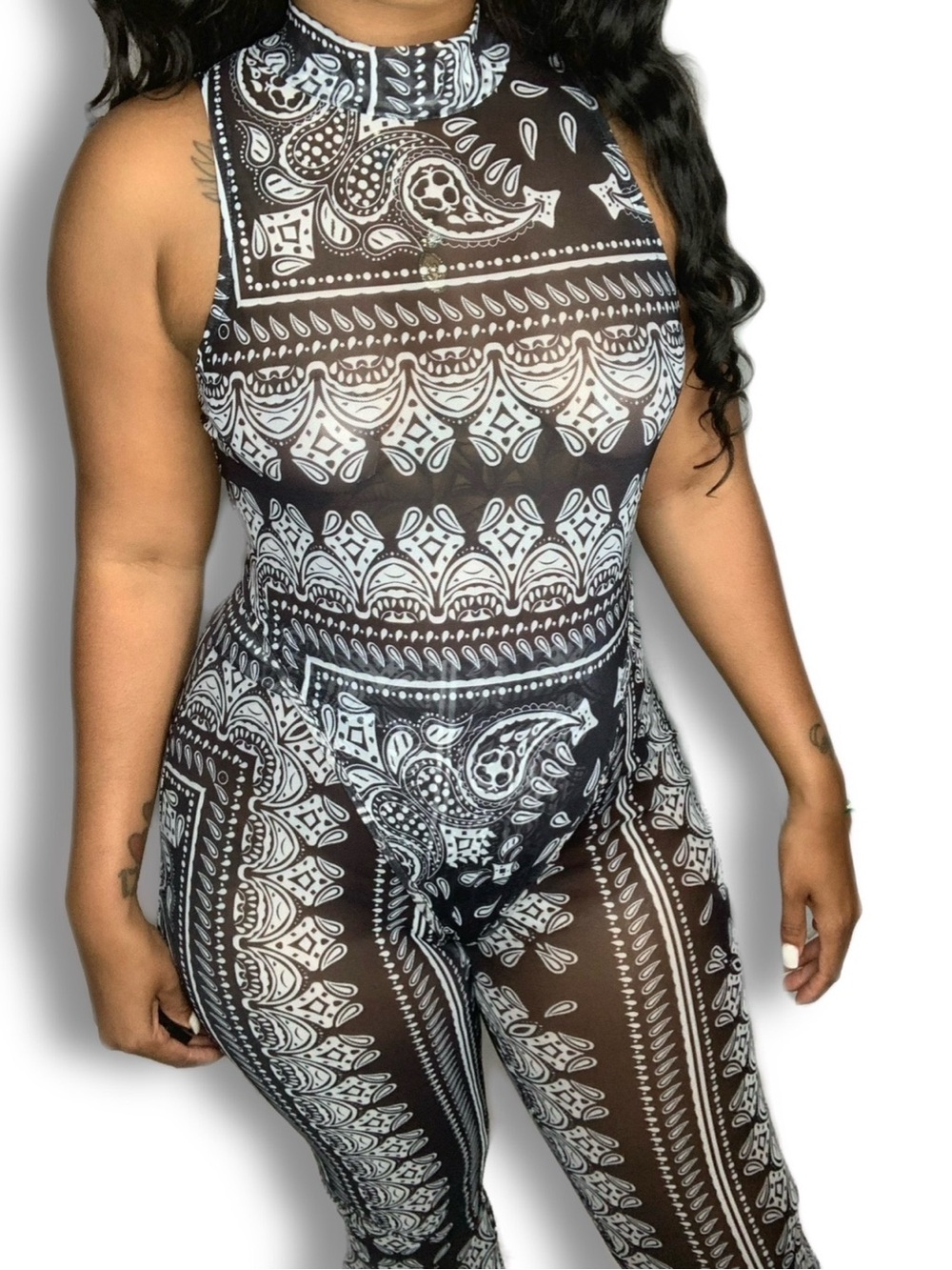 Women’s Black & White Paisley Sheer bodysuit with flared leg pants